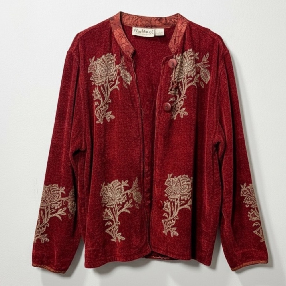 Flashback Womens Burnt Orange Textured Floral Button‎ Jacket L Boho Vintage Core